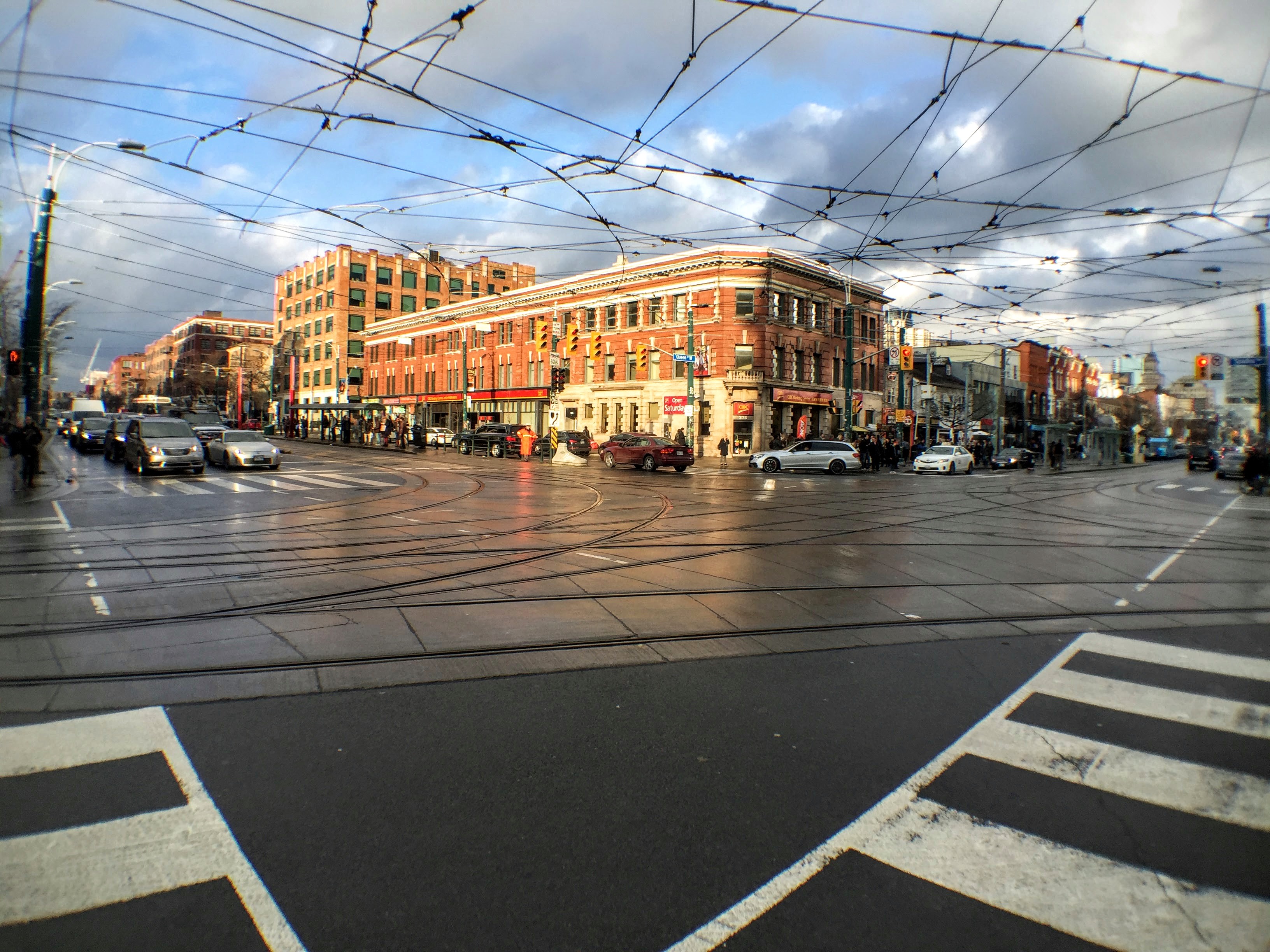 Toronto's Spadina and Queen intersection seen through the Olloclip's wide-angle lens.