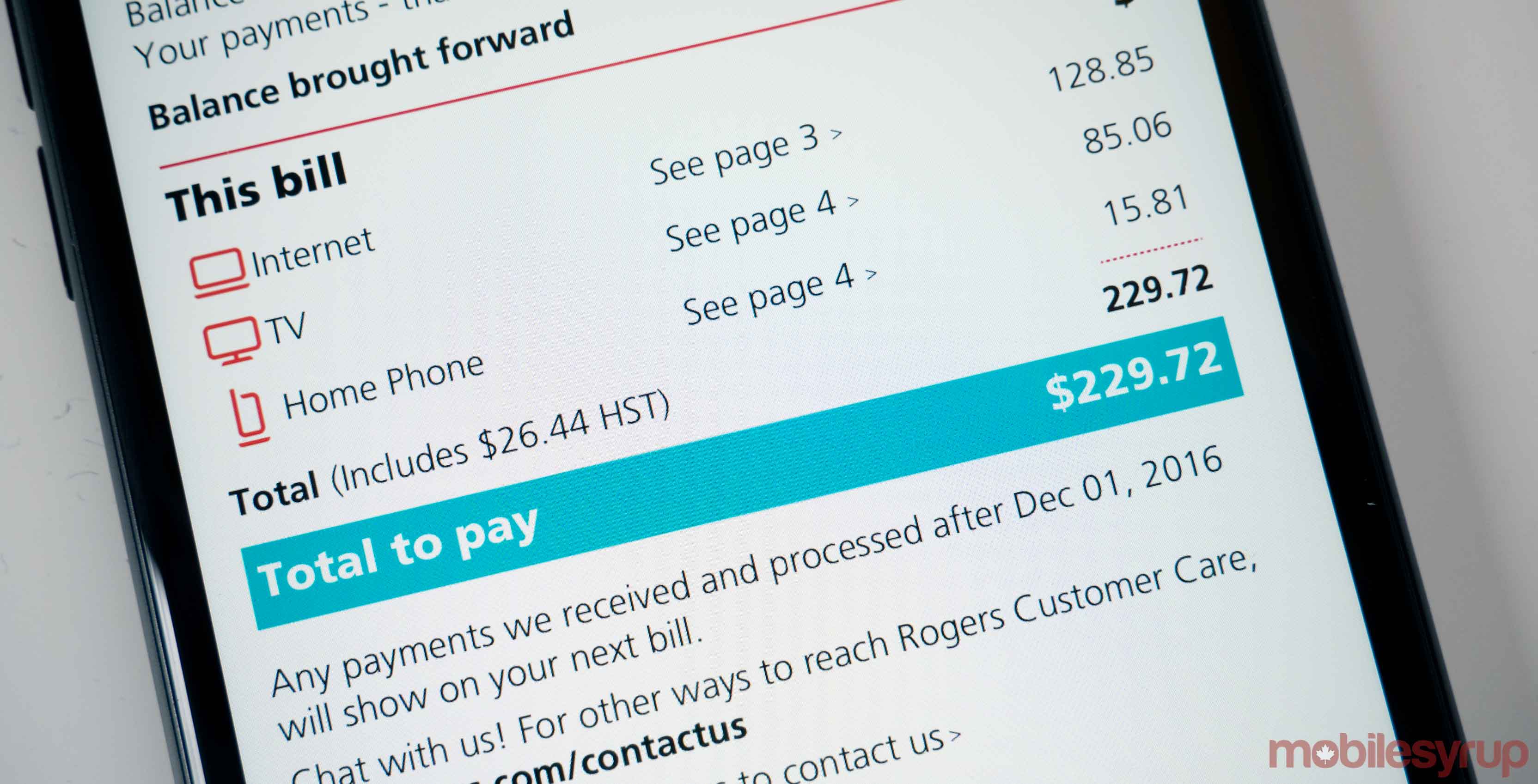 A screenshot of a Rogers wireless bill