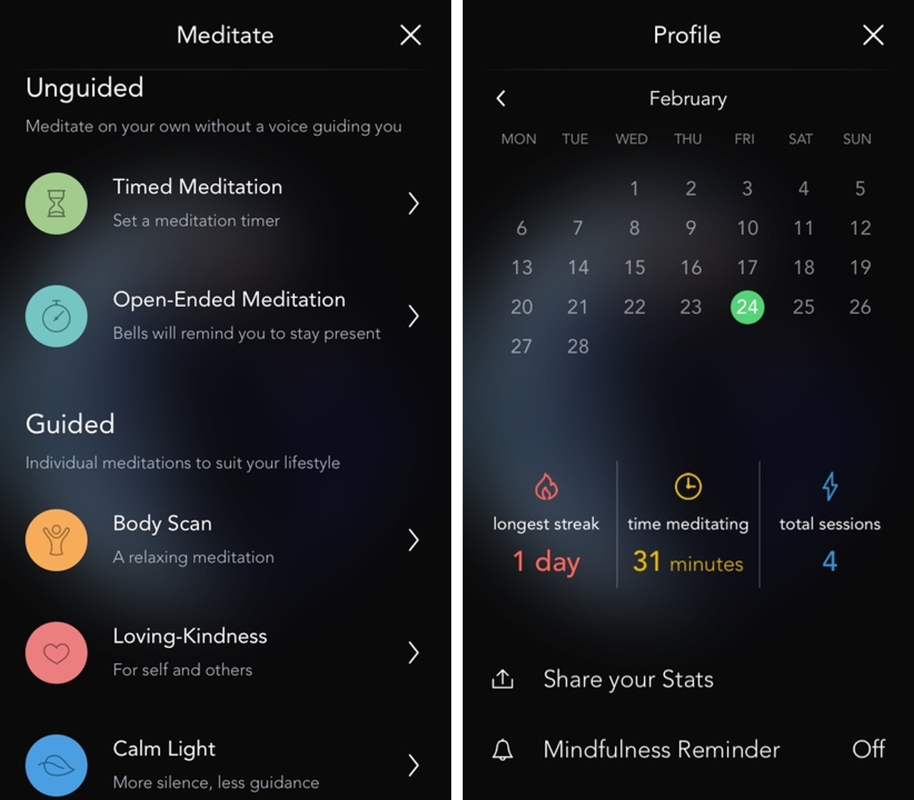 Calm iOS app calendar screen