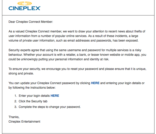 Cineplex warning e-mail