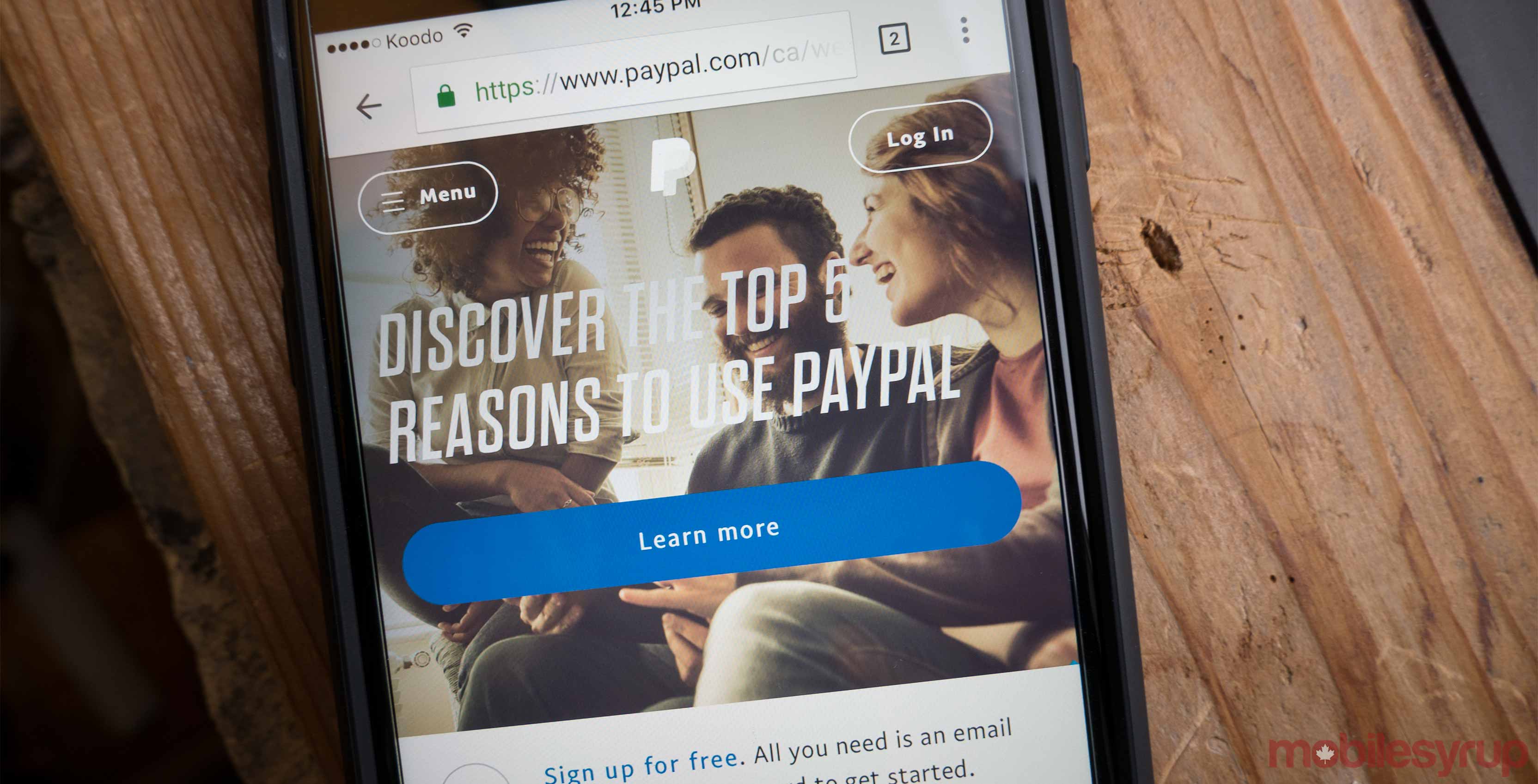 Paypal home page on a smartphone - peer-to-peer payments