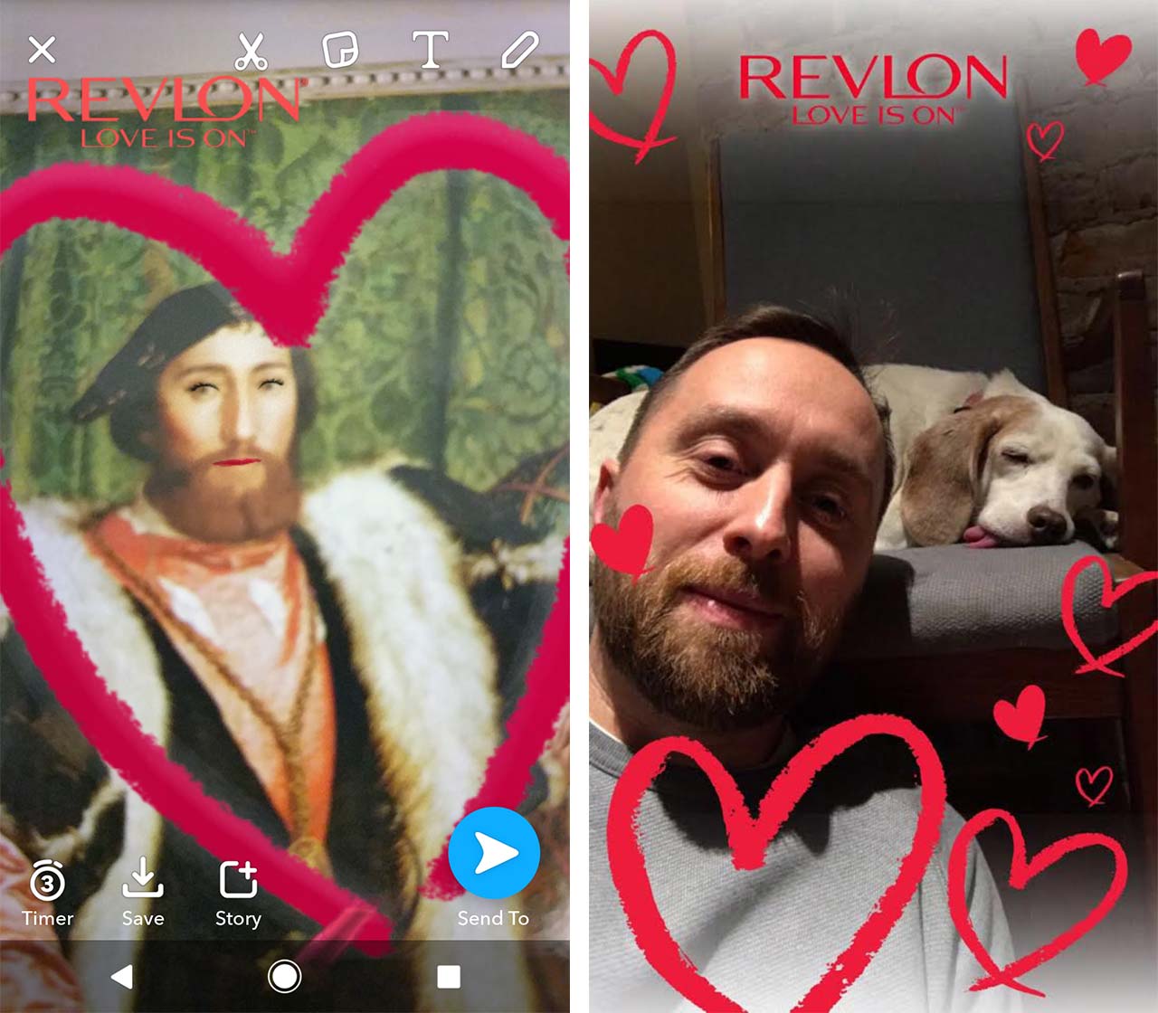 snapchat revlon valentines lens of medieval man with lipstick and geofilter of man and sleeping dog - snapchat makeup lens