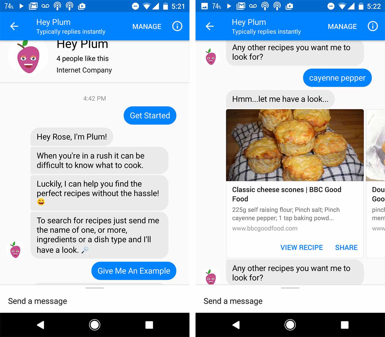 recipe chatbot screen shots - hey plum