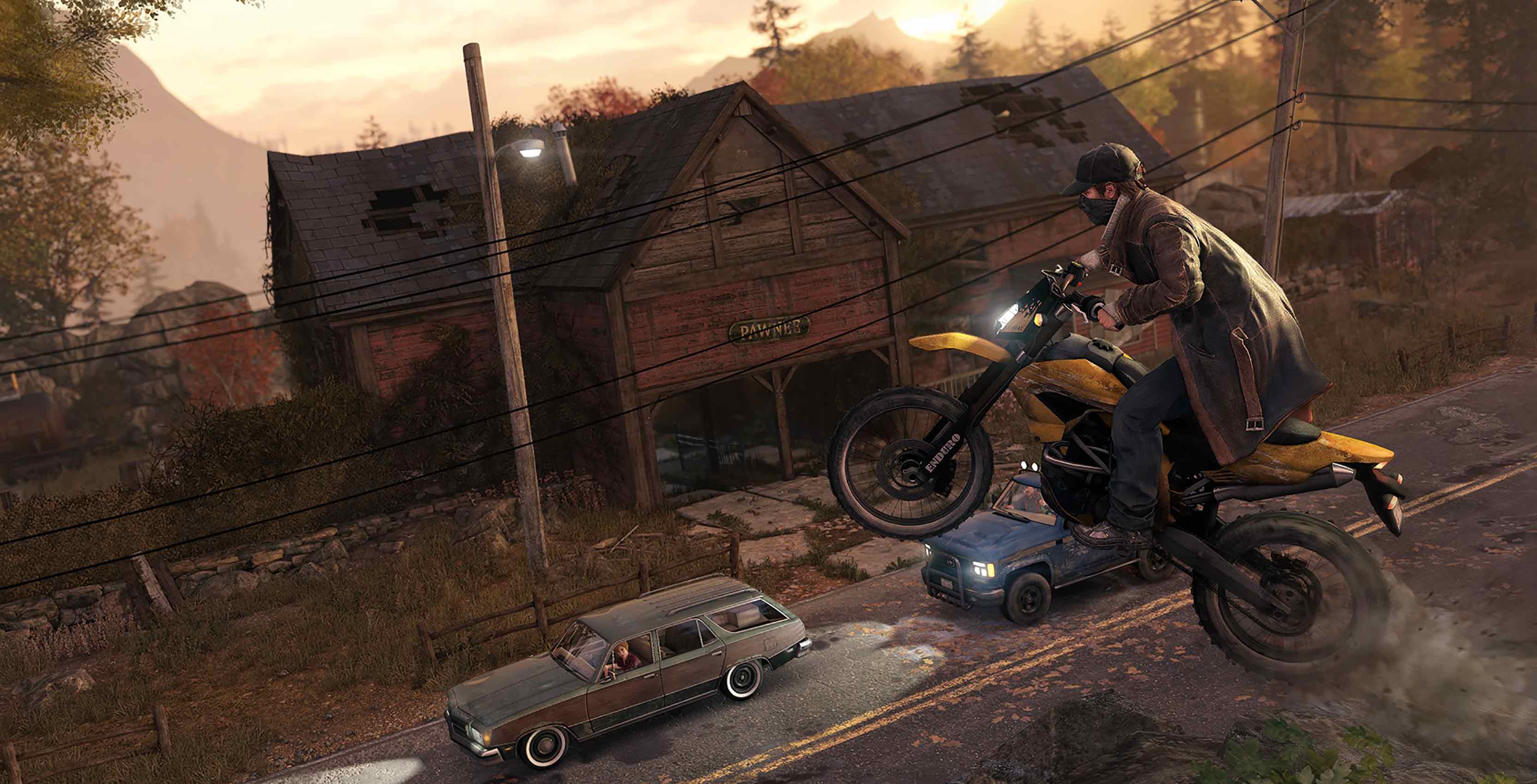 Aiden Pearce on a motorcycle