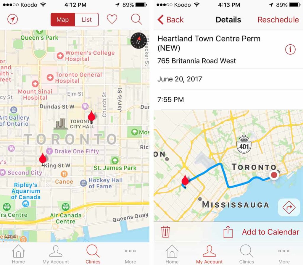 GiveBlood app appointment book with map