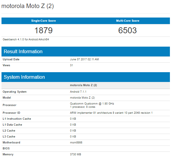 Moto Z2 Geekbench scores