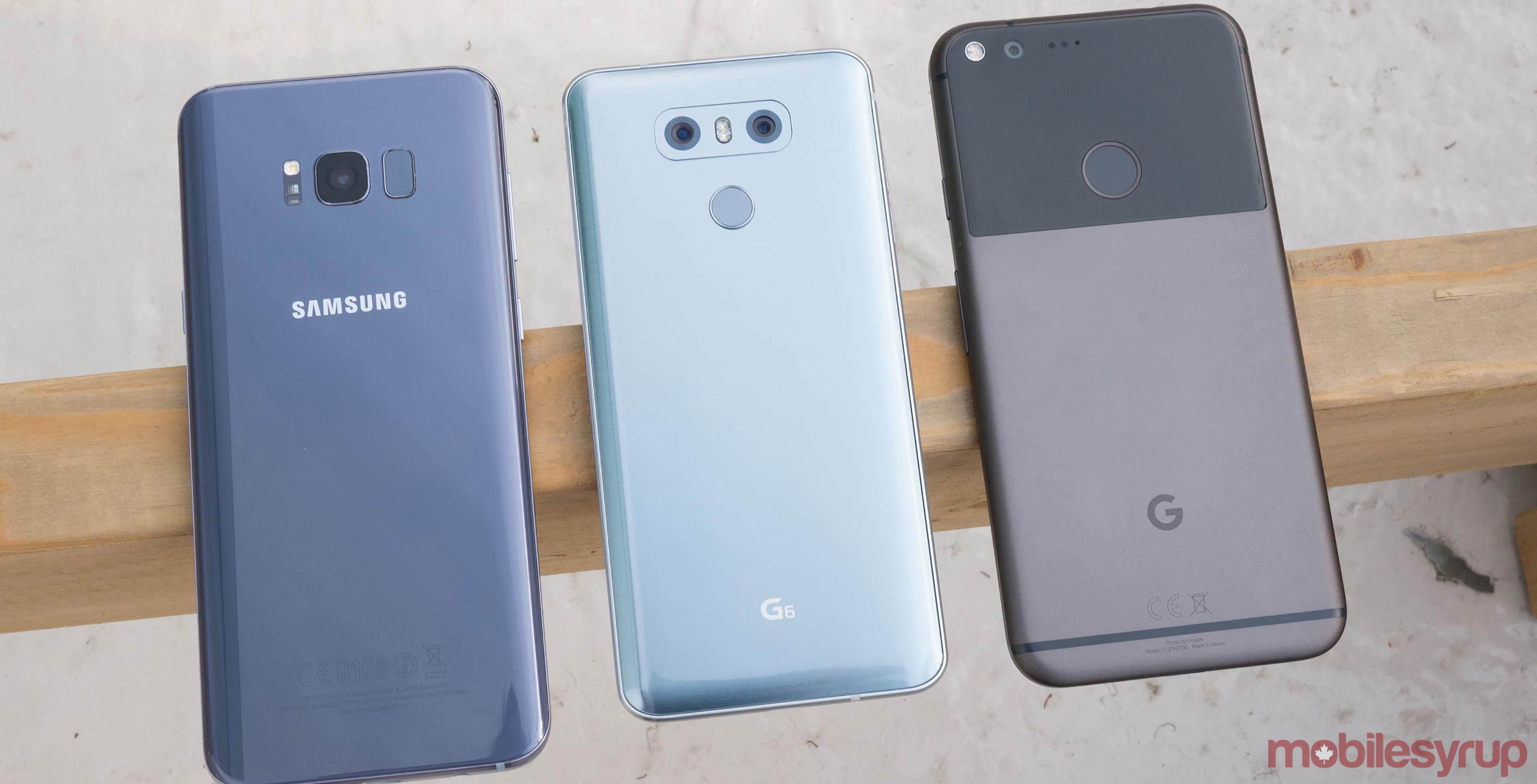 The Galaxy S8, LG G6 and Google Pixel XL all next to one another