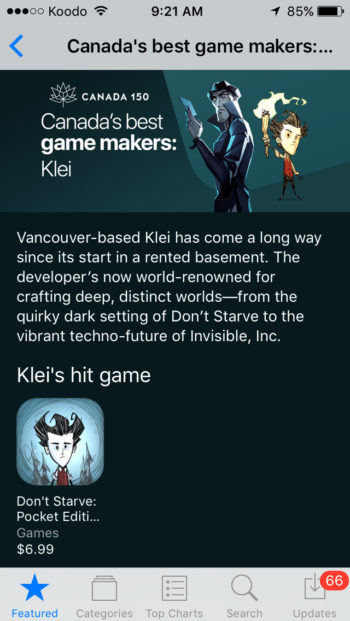 Klei Entertainment Canada Best Game Maker section on iOS 