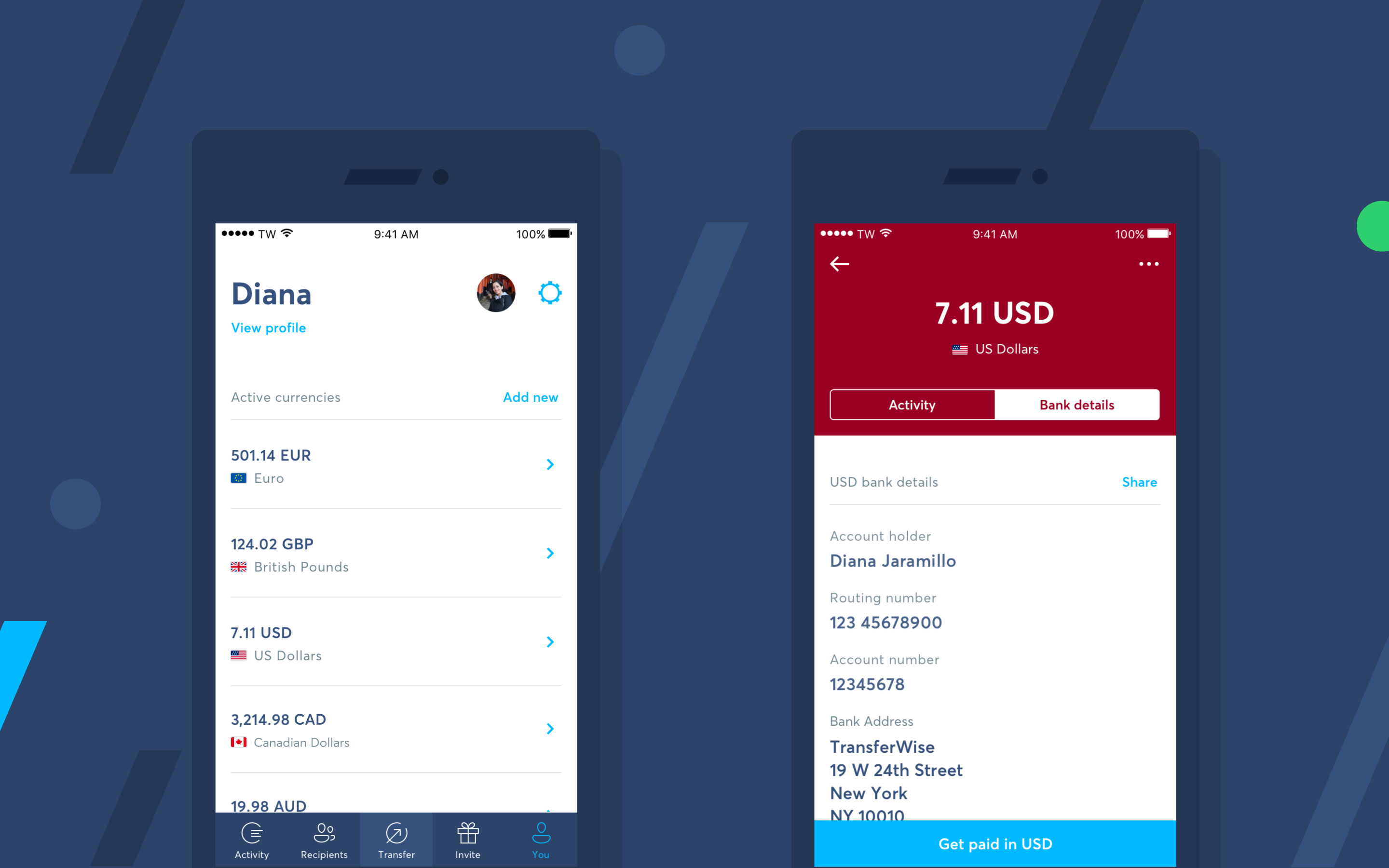 An image showing the TransferWise Borderless account interface on mobile