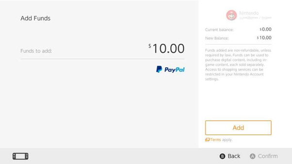 PayPal payment interface on the Nintendo Switch