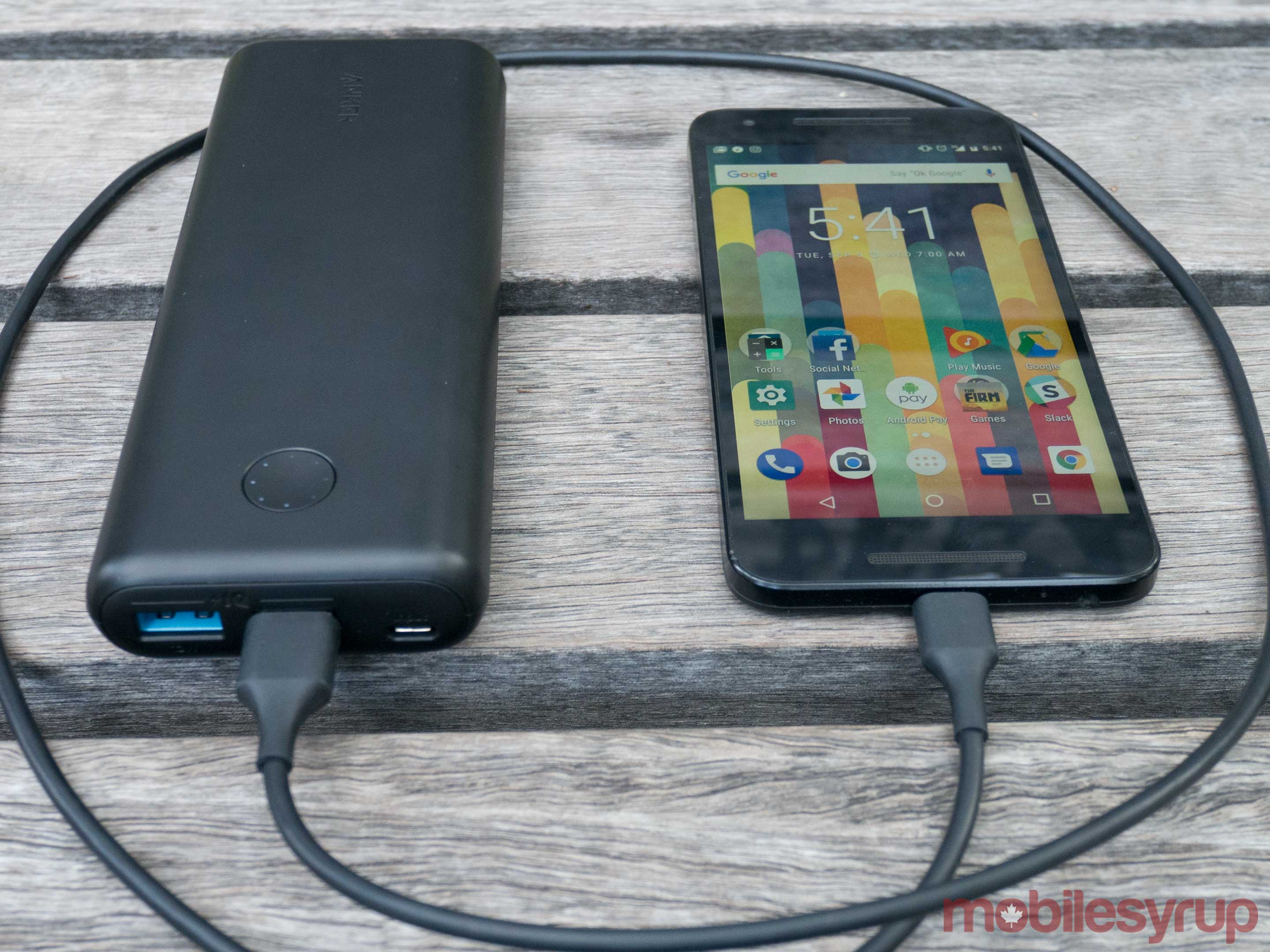 A Nexus 5X plugged into the Anker PowerCore II