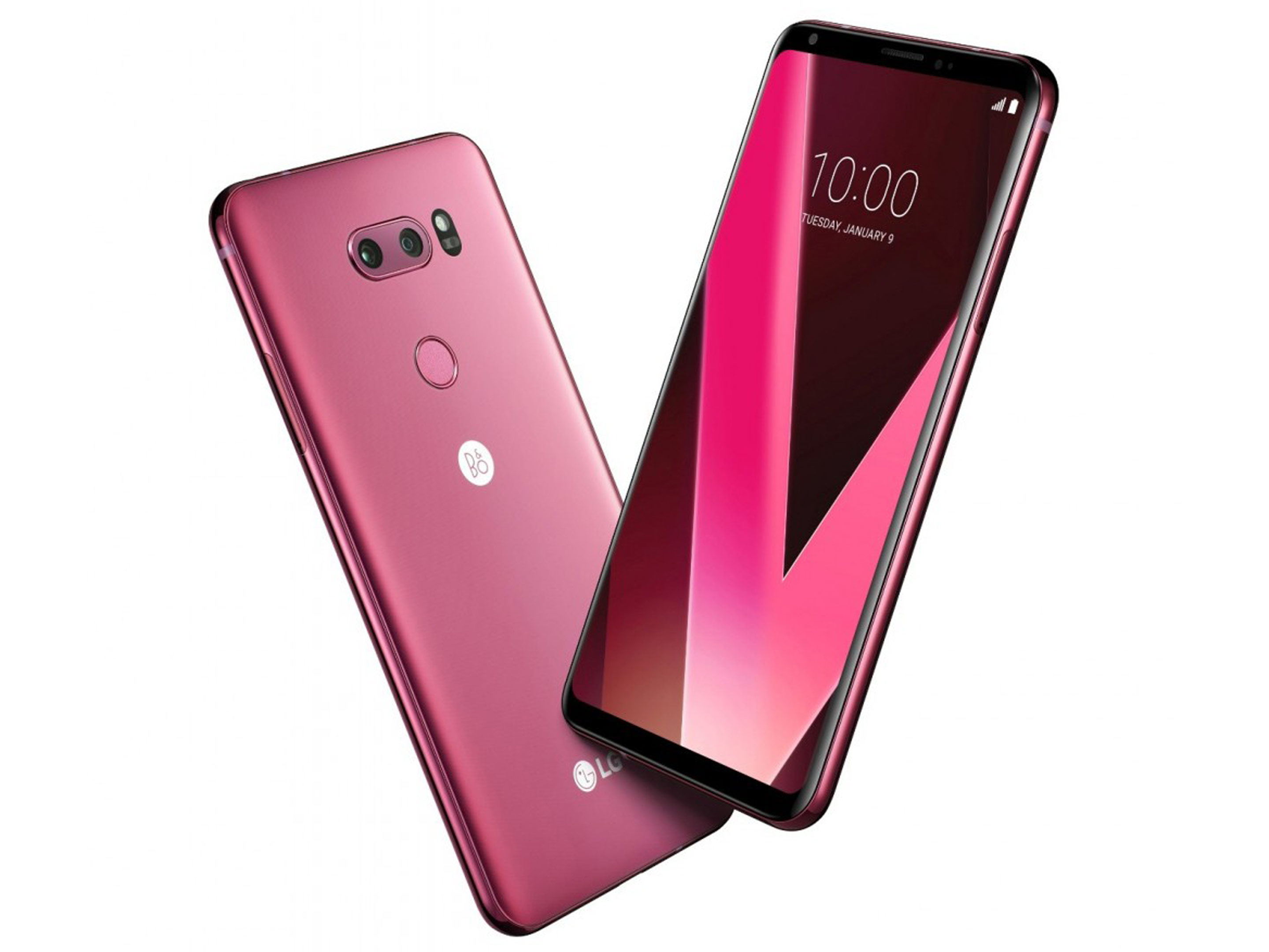 LG V30 in raspberry rose, front and back