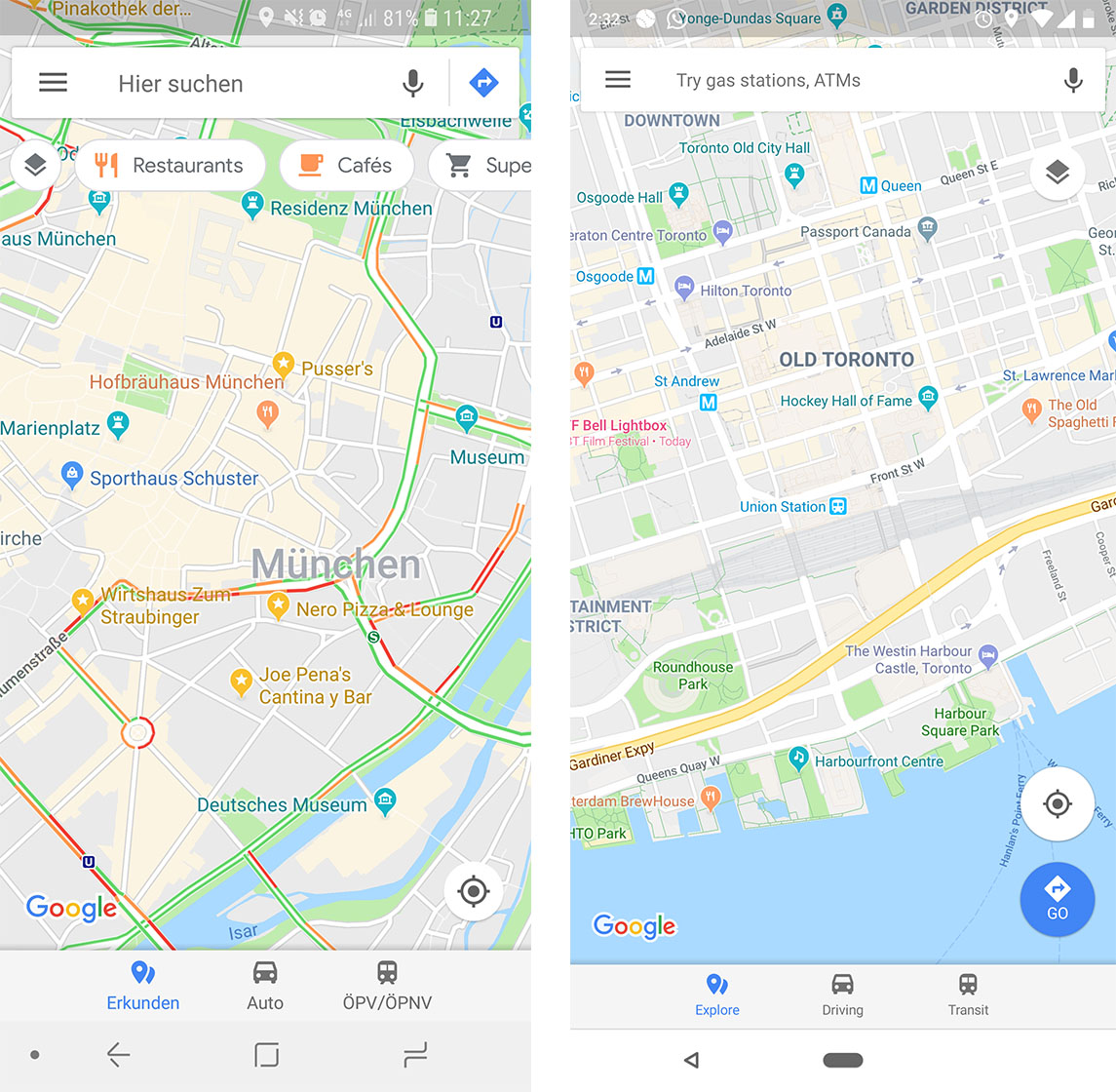 Google Maps category bar on left vs. no bar on right