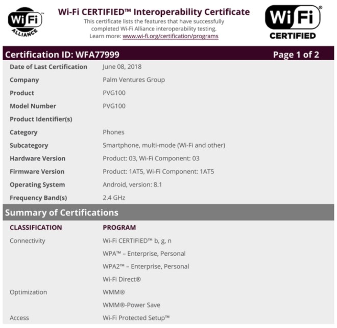 Palm PVG100 Wi-Fi certification document