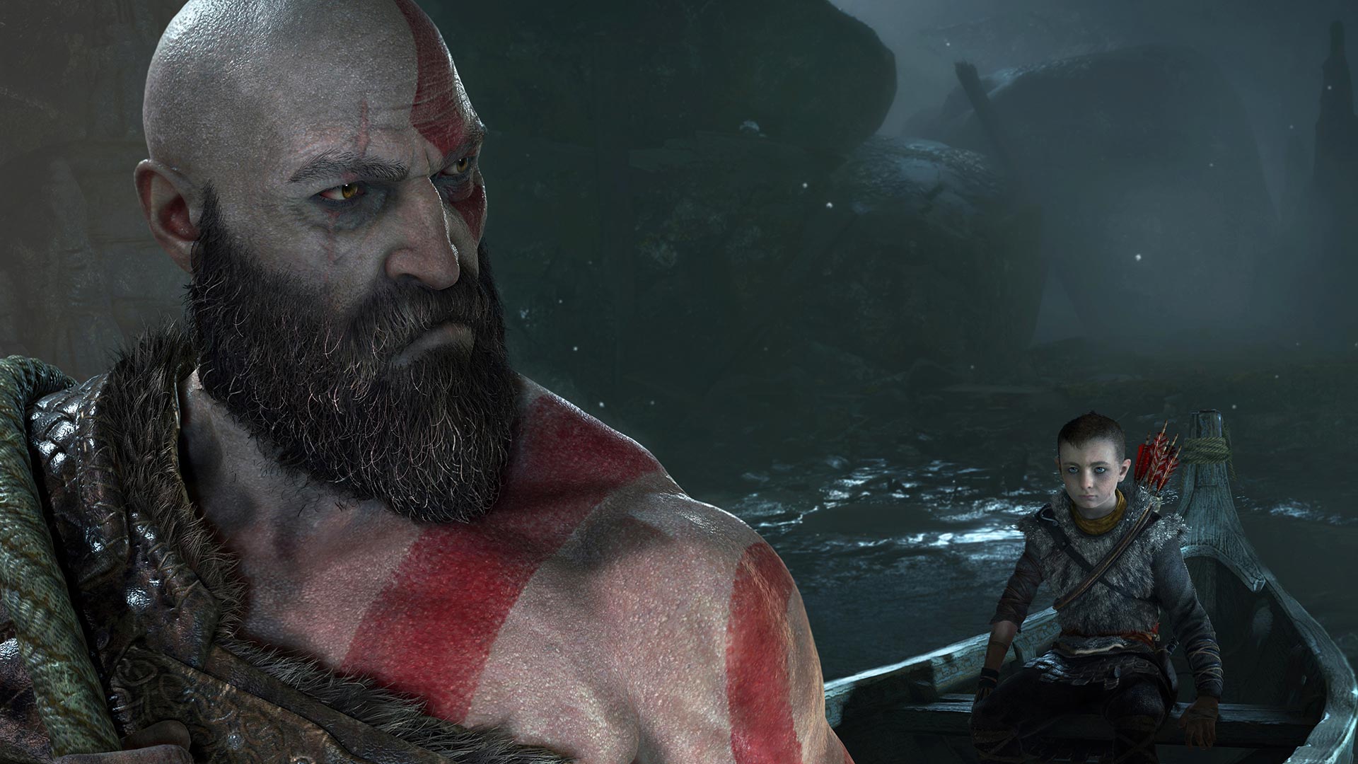 God of War Kratos and Atreus in boat