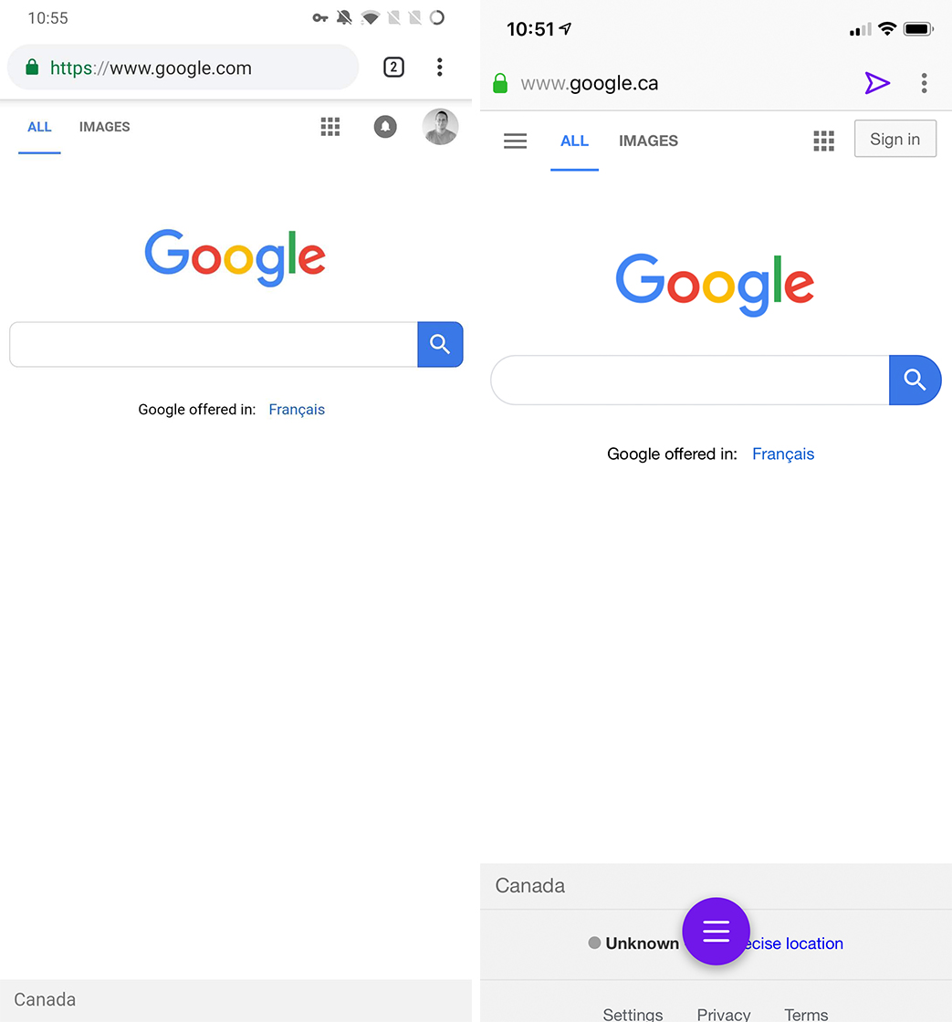 Google Search old (left) and new (right)