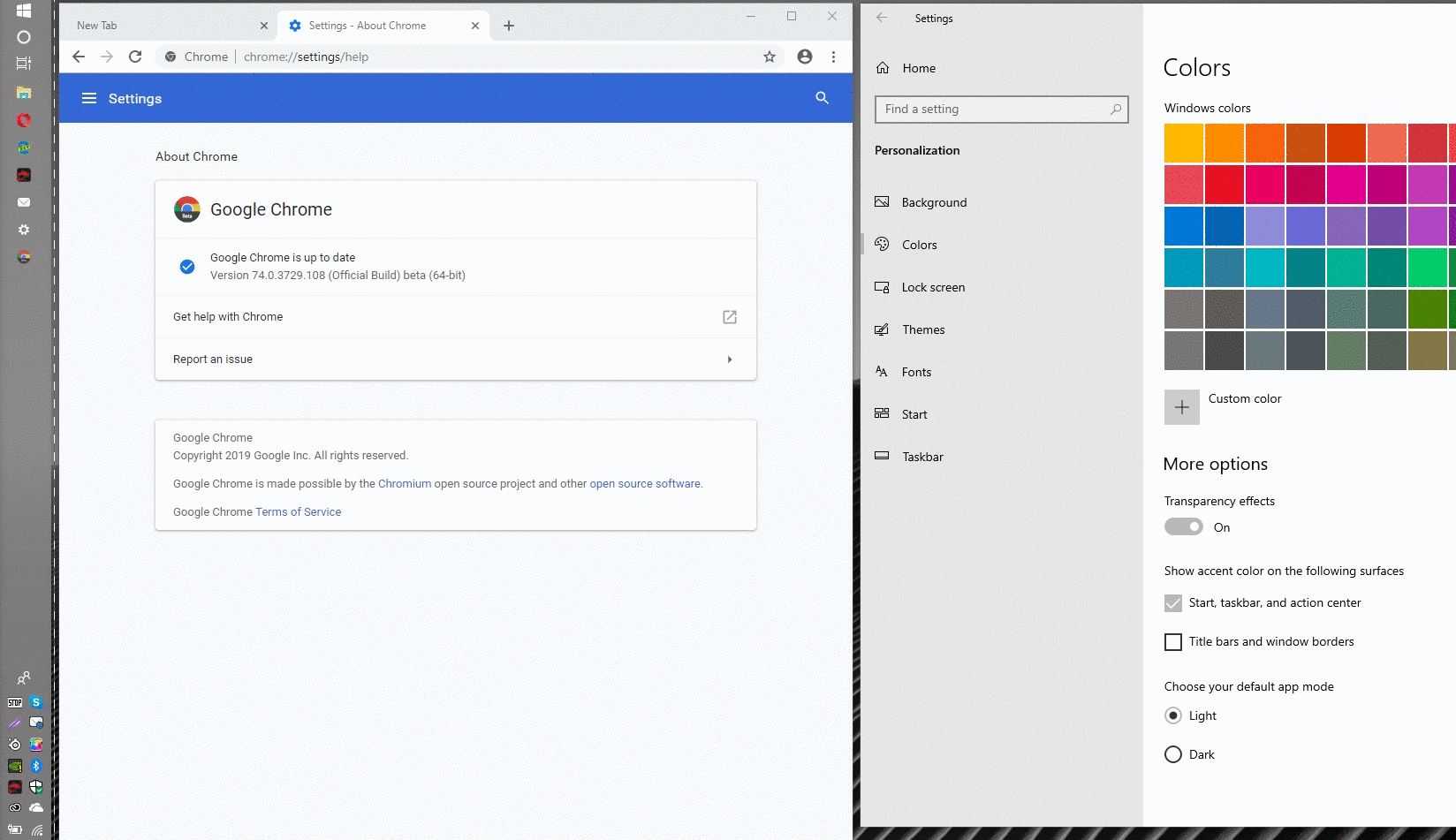 Chrome Beta 74 respecting Windows dark mode