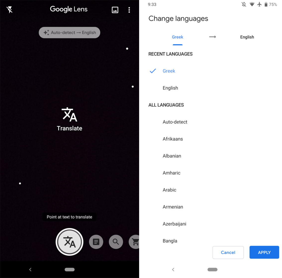 Google Lens Translate filter recent languages
