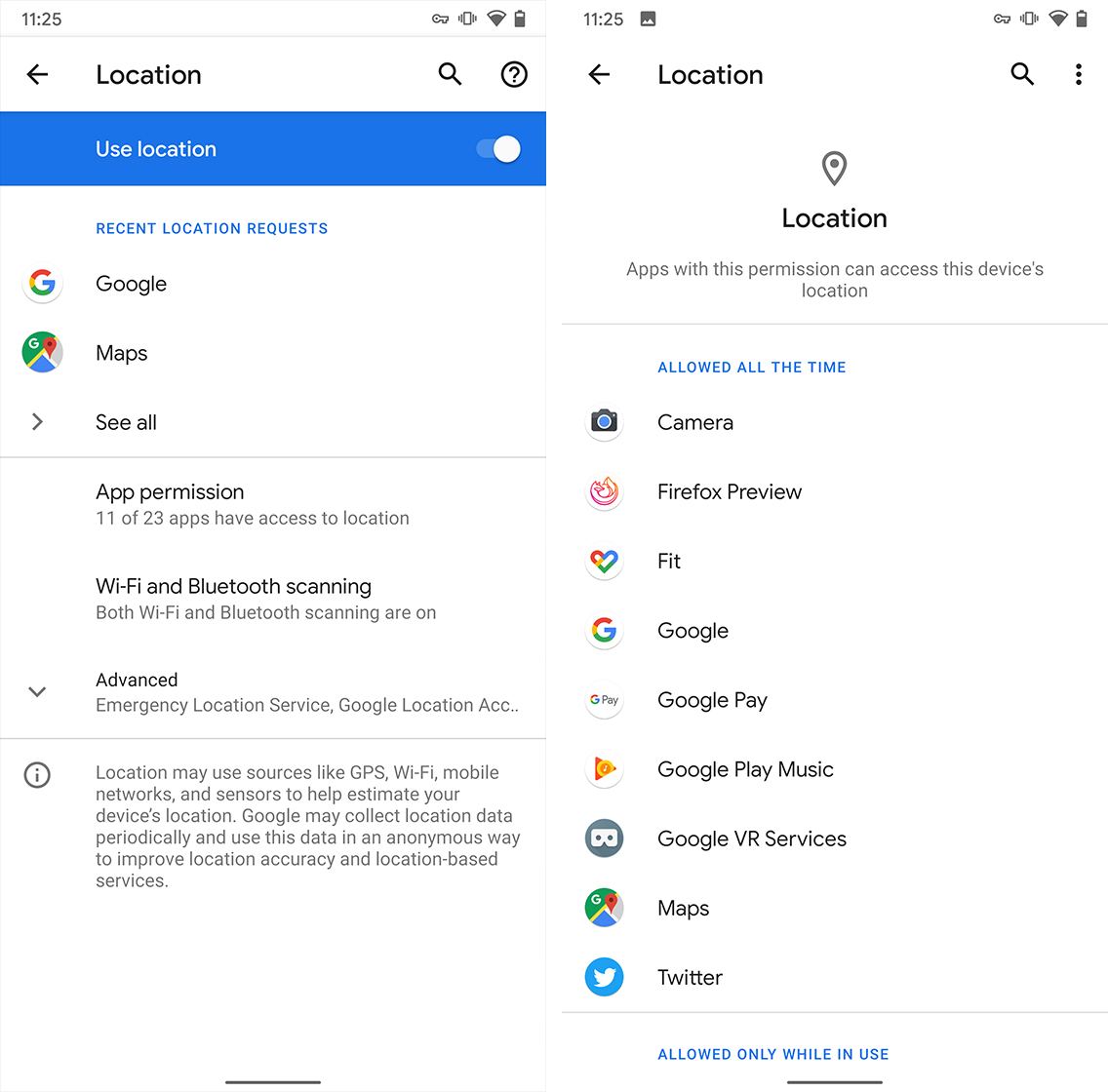 Android Q location menu