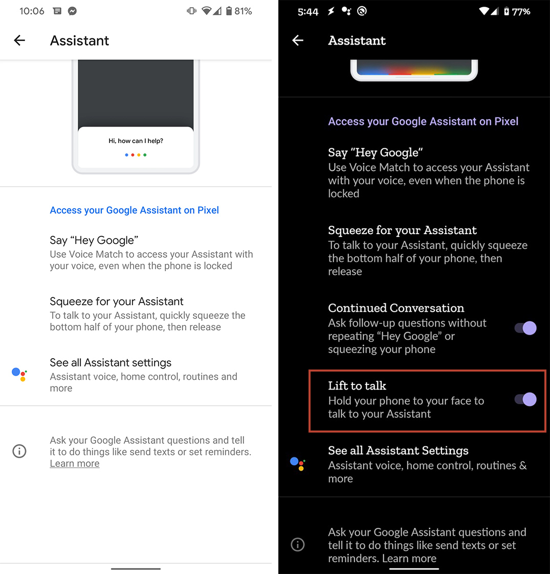 Google Assistant lift to talk setting