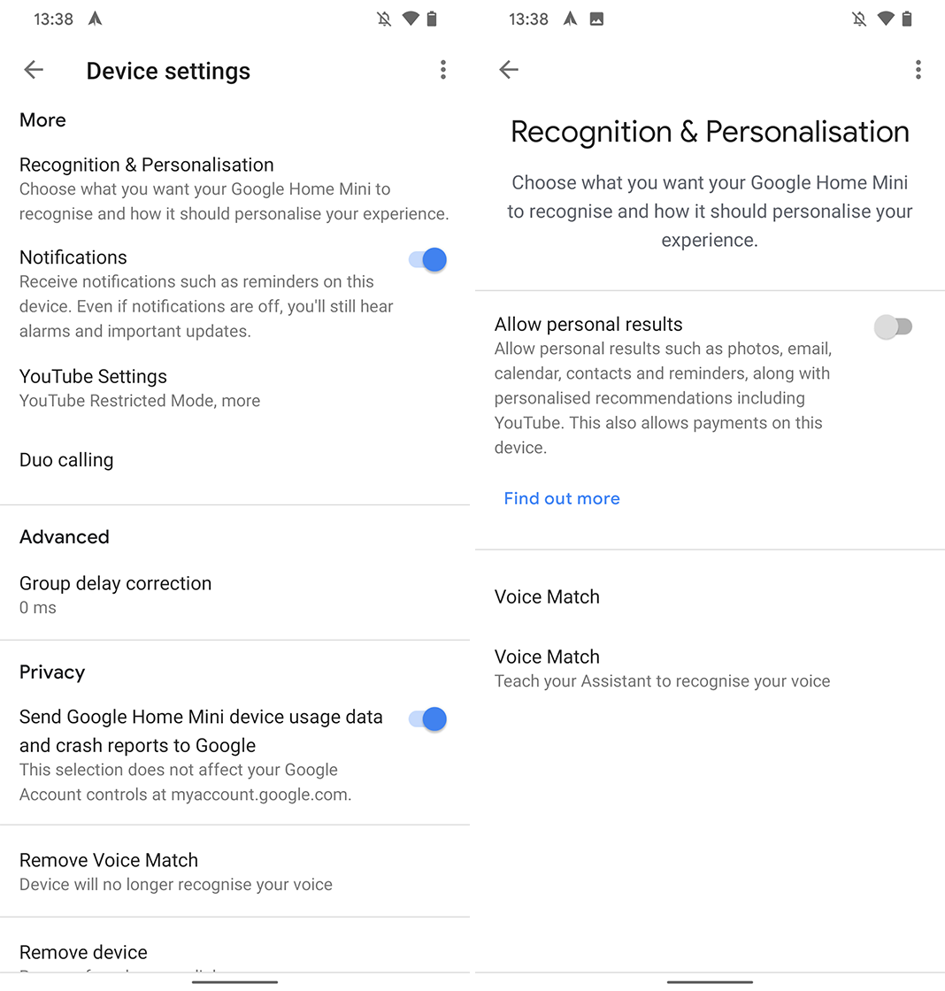 Google Home app Recognition & Personalization menu