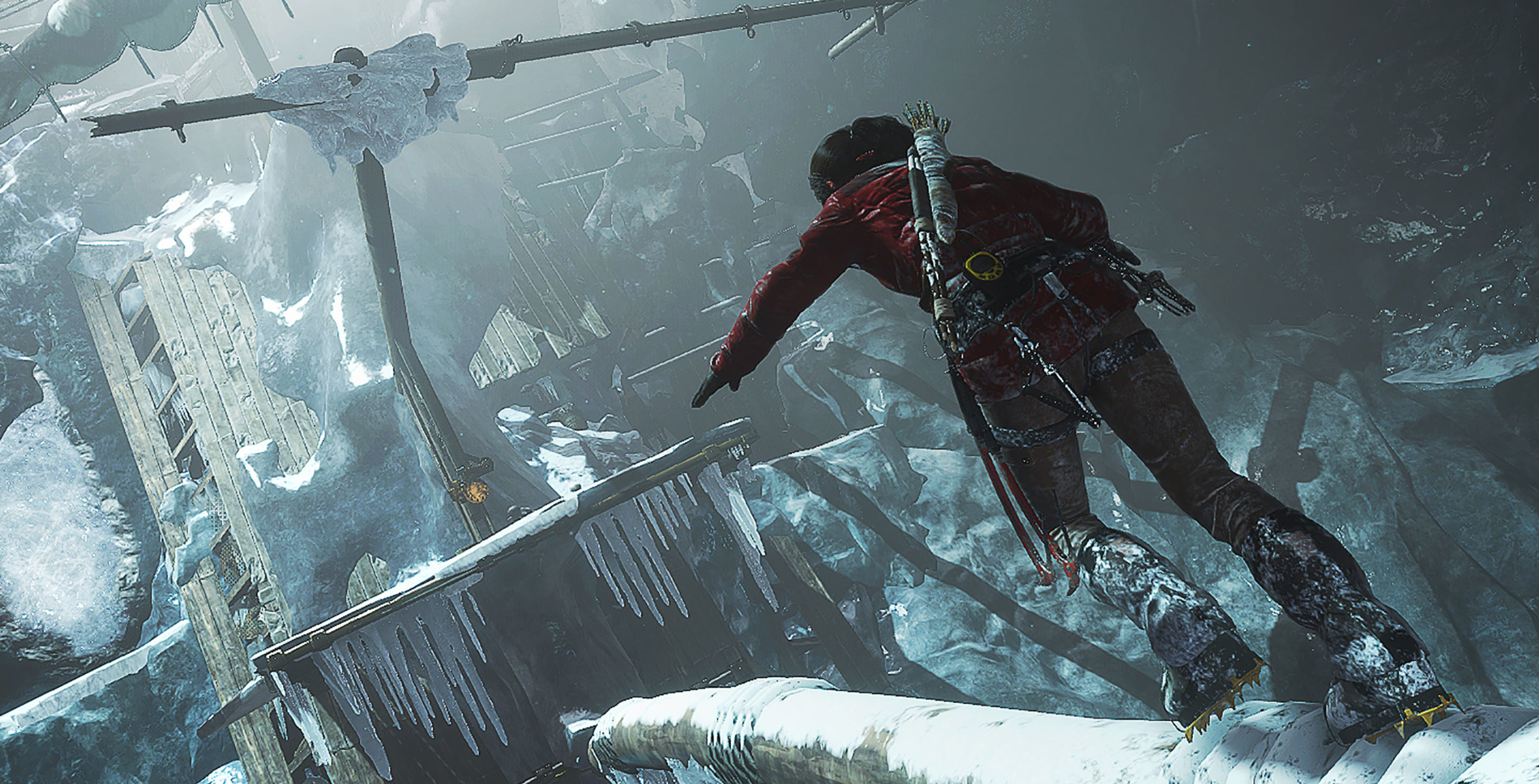 Lara carefully treads across the frozen stern of a derelict ship, which has made its way into a huge, icy cavern.