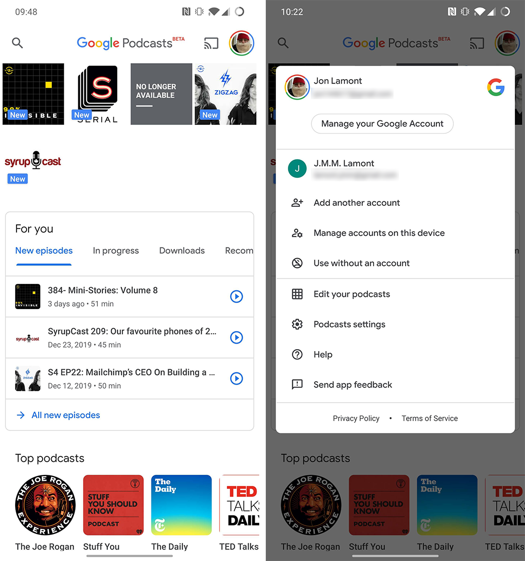 Google Podcasts account switcher