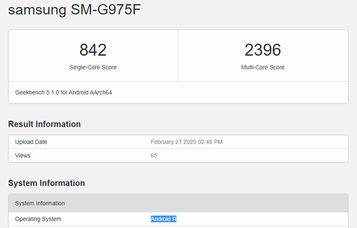 Samsung Galaxy S10+ Android 11 Geekbench score