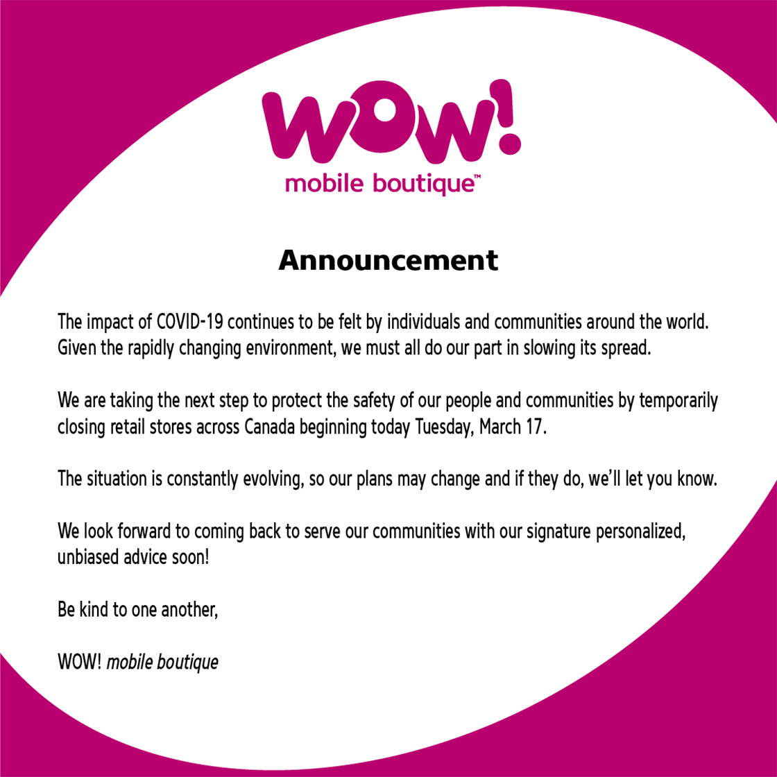 Wow Mobile COVID-19 announcement