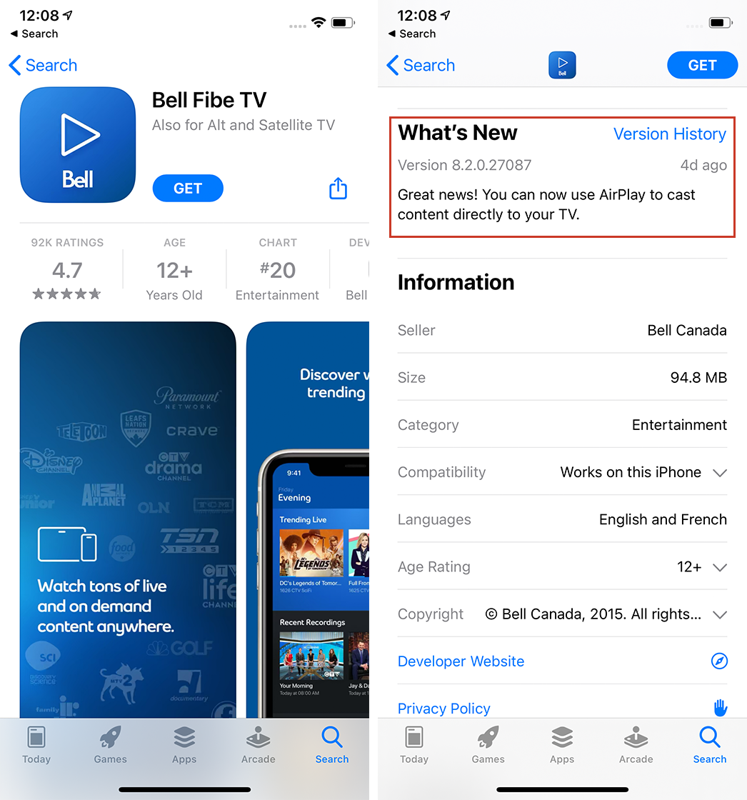 Bell Fibe TV iOS app gains AirPlay support with recent update