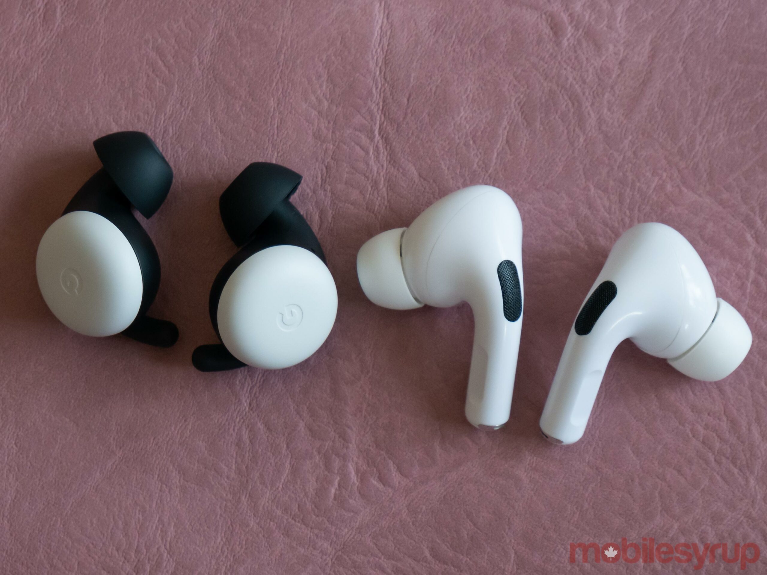 Pixel Buds 2020 beside AirPods Pro 