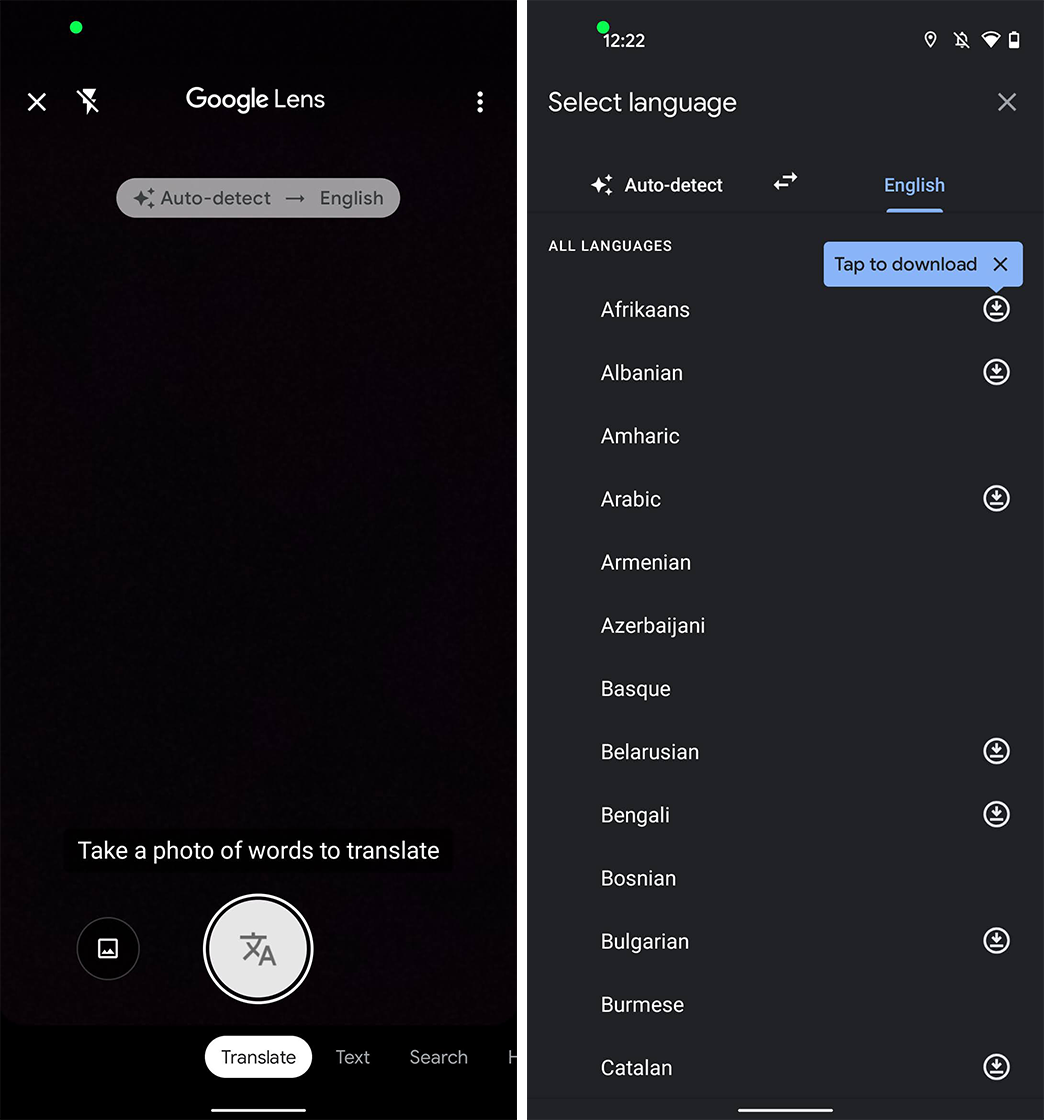 Google Lens offline translation feature