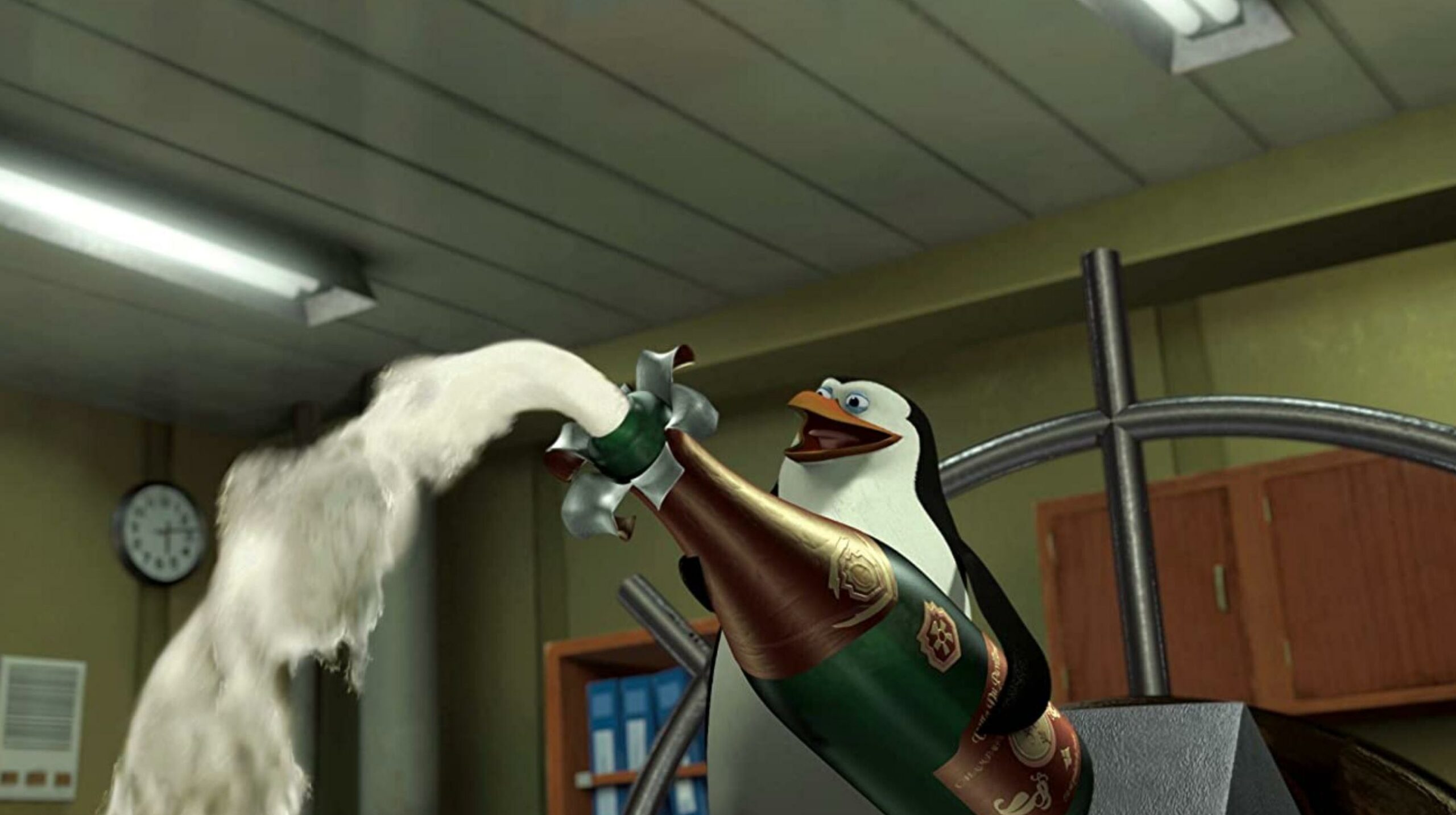 Penguin from movie Madagascar popping a bottle of champagne