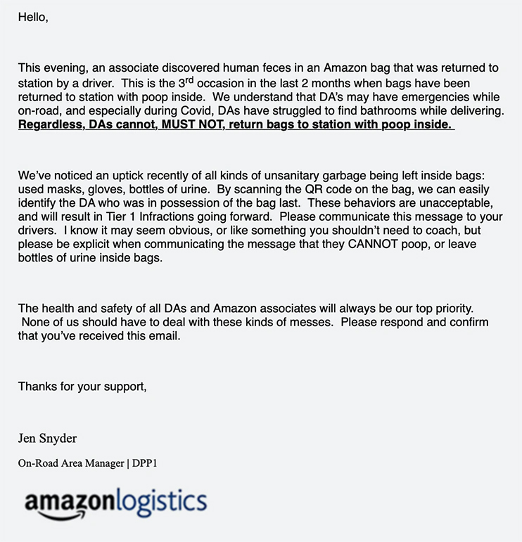 Amazon logisitcs email about drivers pooping in bags
