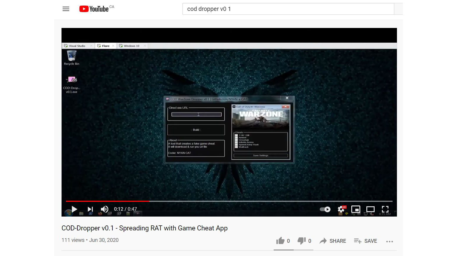 Screenshot of video promoting the malware on YouTube
