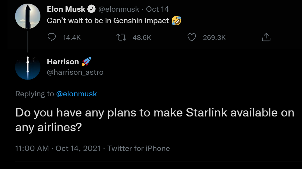 Elon Musk uses Genshin Impact tweet replies to share Starlink news