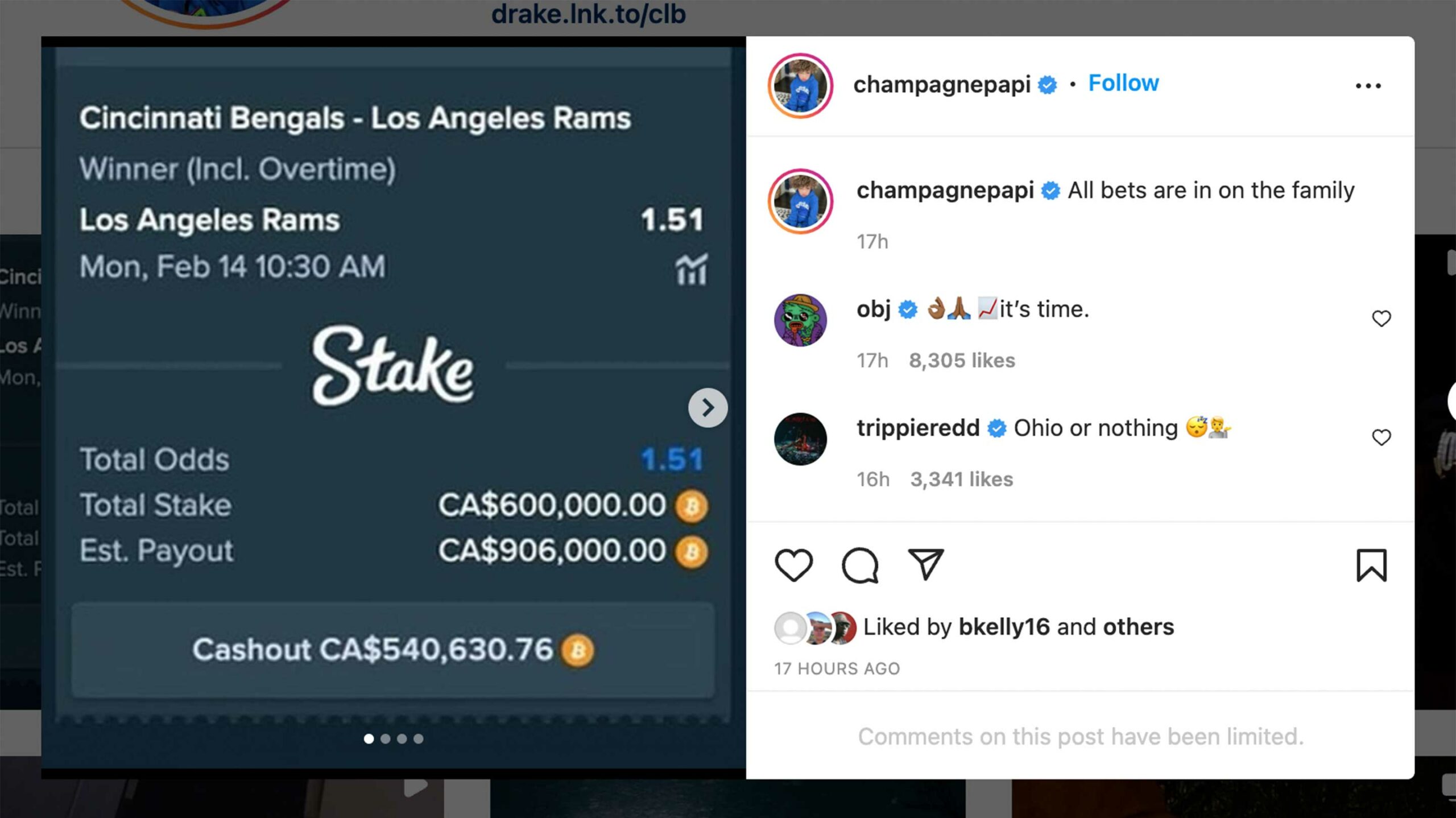 Drake uses Bitcoin for his million dollar Super Bowl bets