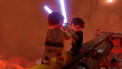 Lego Star Wars: The Skywalker Saga -- Obi-Wan and Anakin engage in their iconic lightsaber duel from Revenge of the Sith