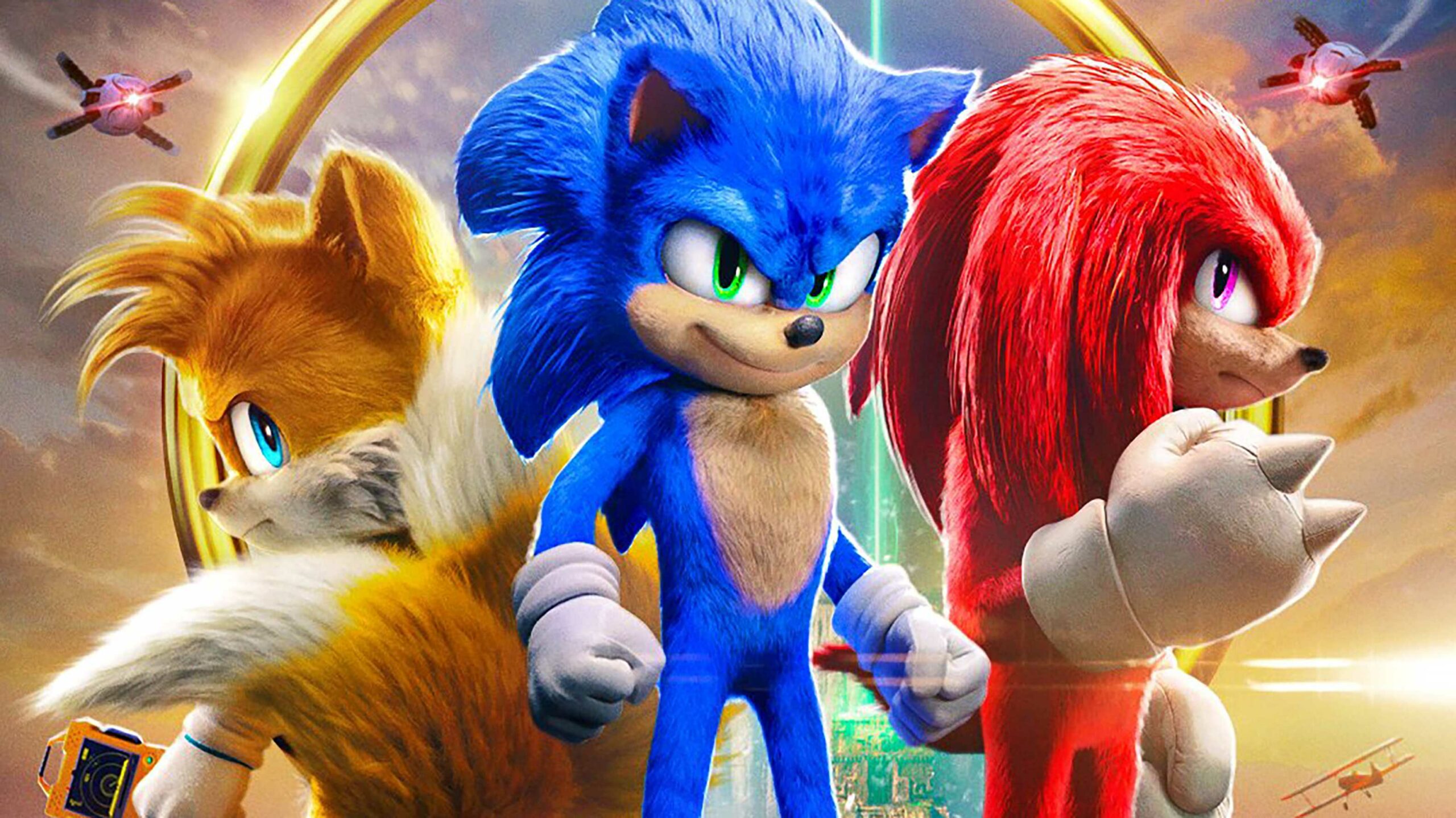 Sonic the Hedgehog 2 -- Sonic stands in front of Tails and Knuckles the Echidna