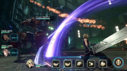 Final Fantasy VII: Ever Crisis screenshot. Cloud and Barret are fighting the Scorpion Sentinel in the Mako Reactor from the beginning of Final Fantasy VII.
