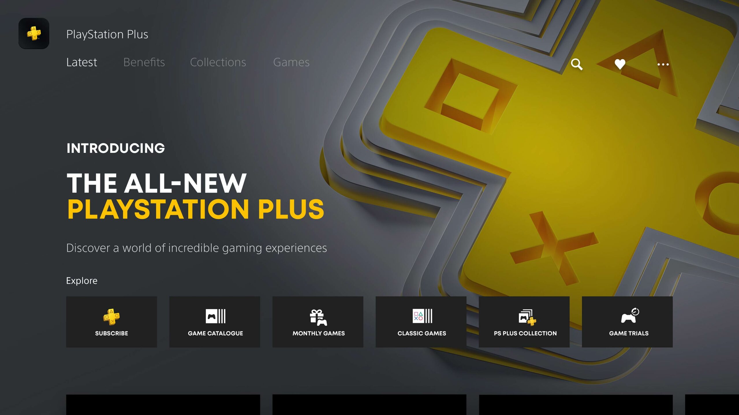 The home page for the new PlayStation Plus. Tabs for Subscribe, Game Catalogue, Monthly Games, Classic Games, PS Plus Collection, and Game Trials are featured.