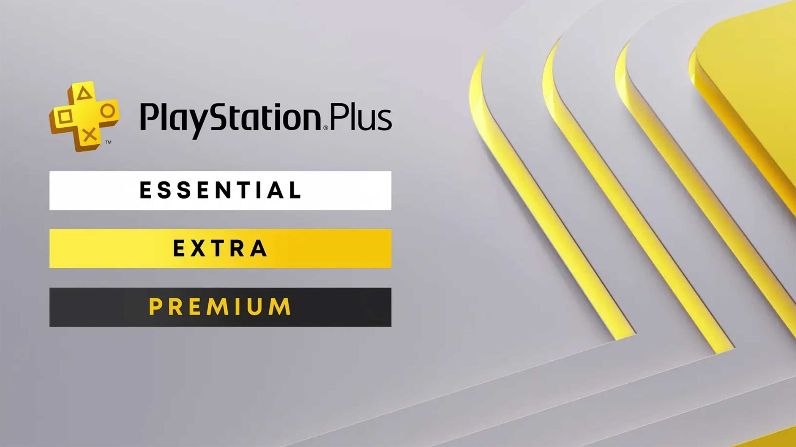 Key art for the new PlayStation Plus. The three tiers are listed: Essential, Extra and Premium.