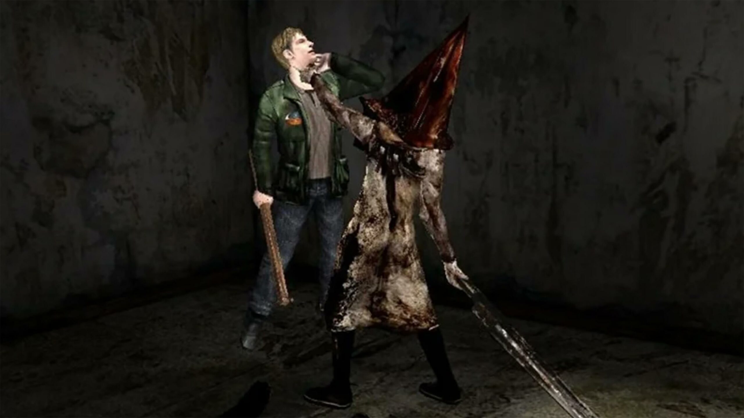 Silent Hill 2 -- Pyramid Head grabs James