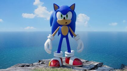 Sonic Frontiers -- Sonic stands on ledge looking surprised