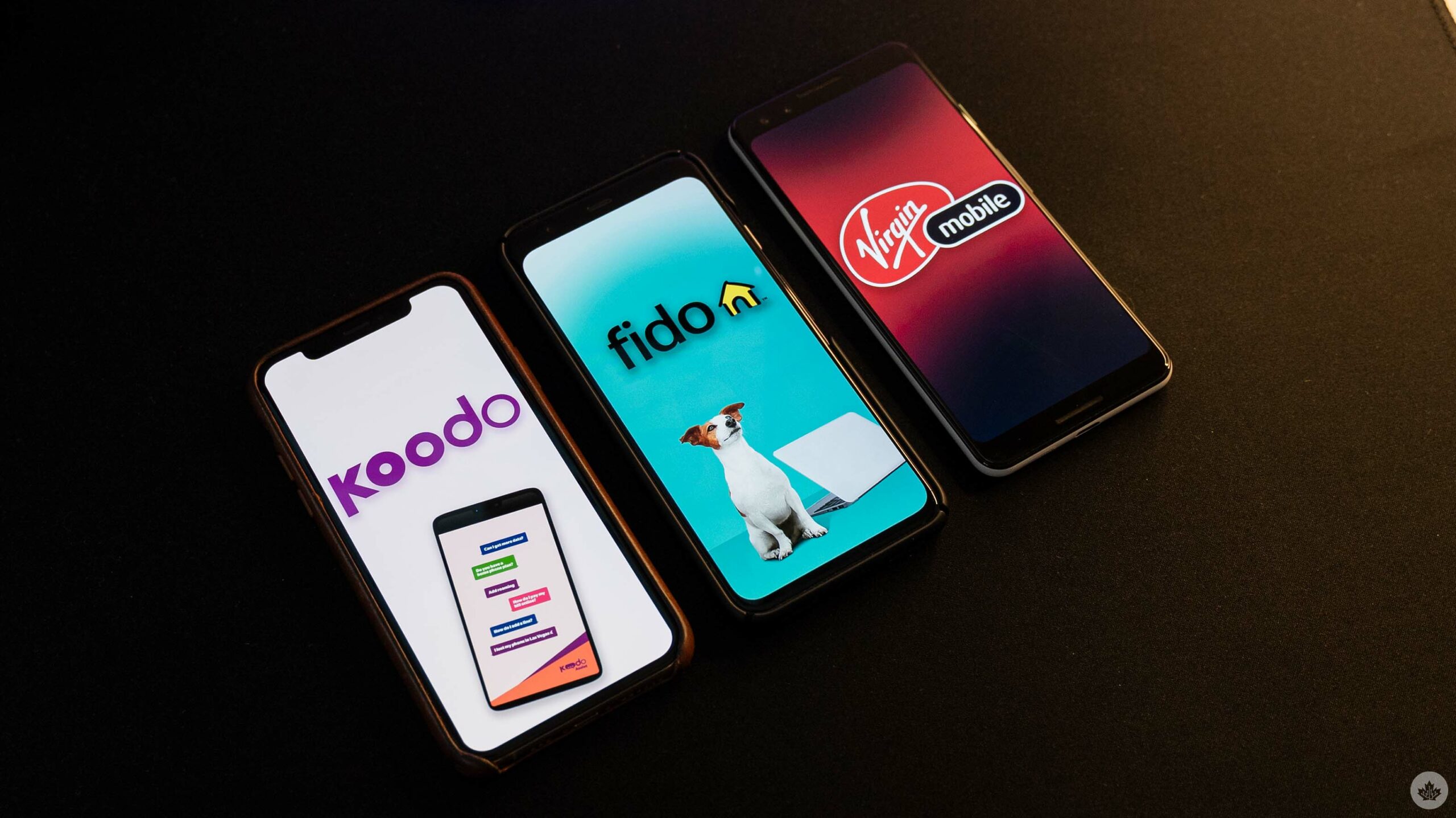 Koodo, Fido and Virgin Plus logos on smartphones.