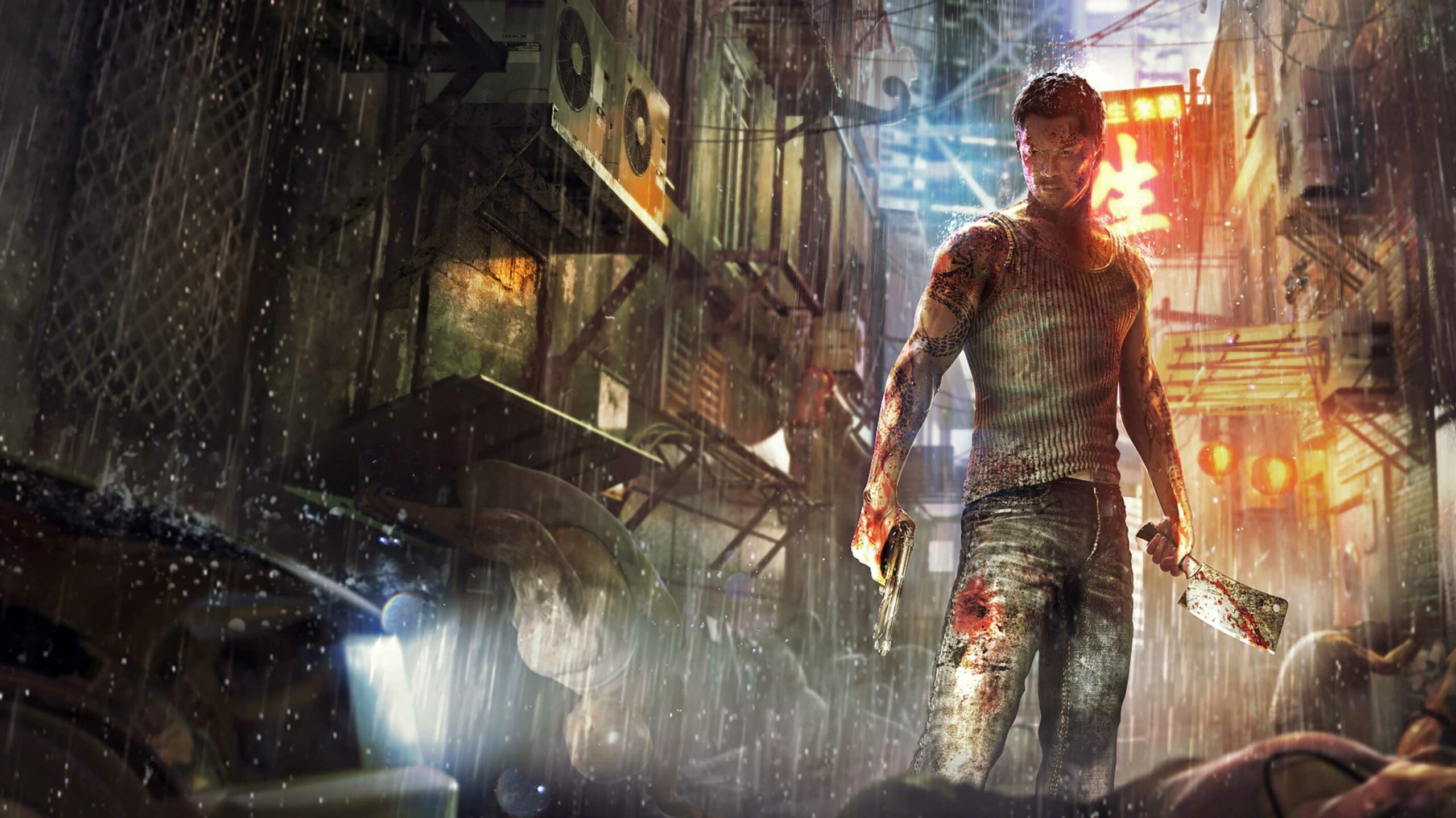 Sleeping Dogs key art Wei with gun and knife