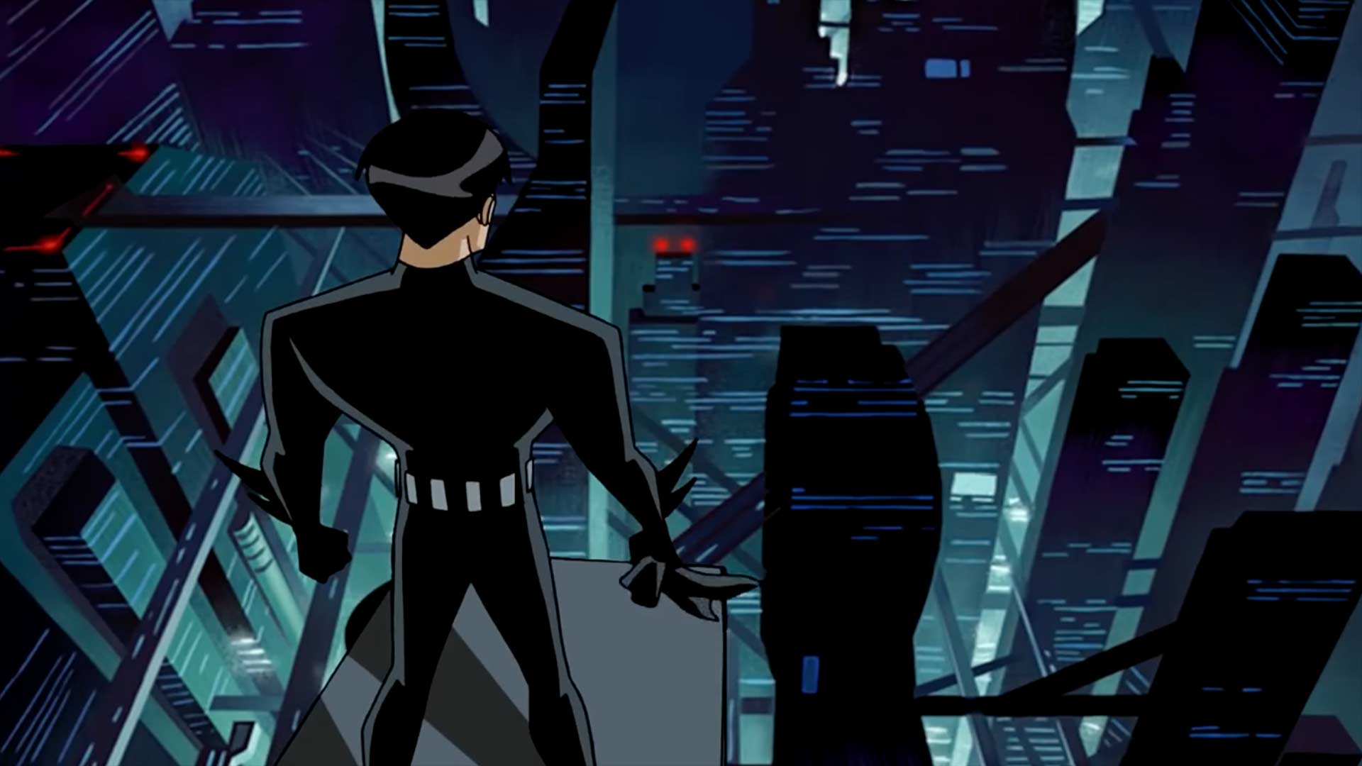 Batsuit-wearing Terry McGinnis watches over Neo-Gotham in Batman Beyond: Return of the Joker