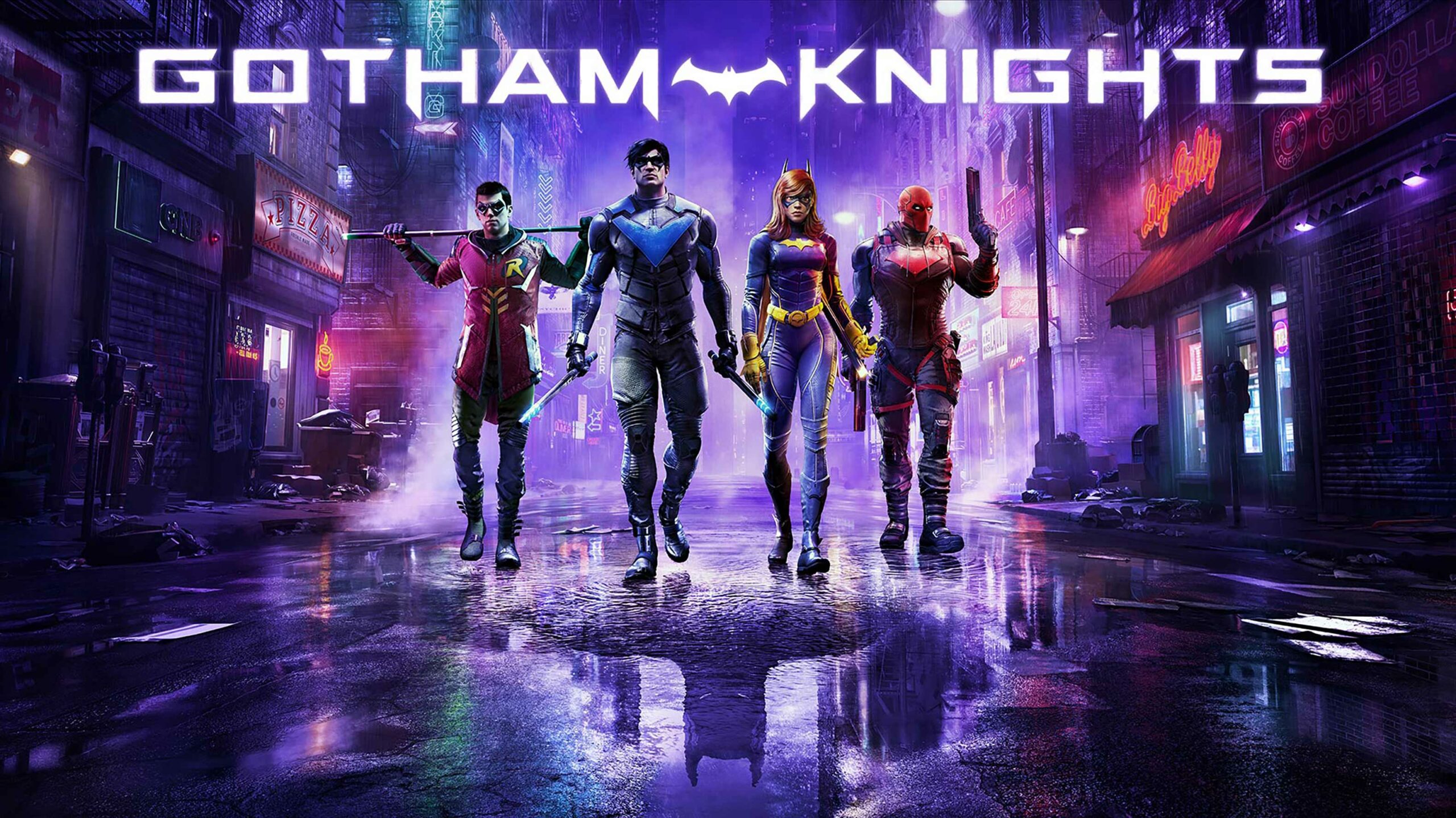 Gotham Knights cover art. Robin, Nightwing, Batgirl and Red Hood walk through an alley.