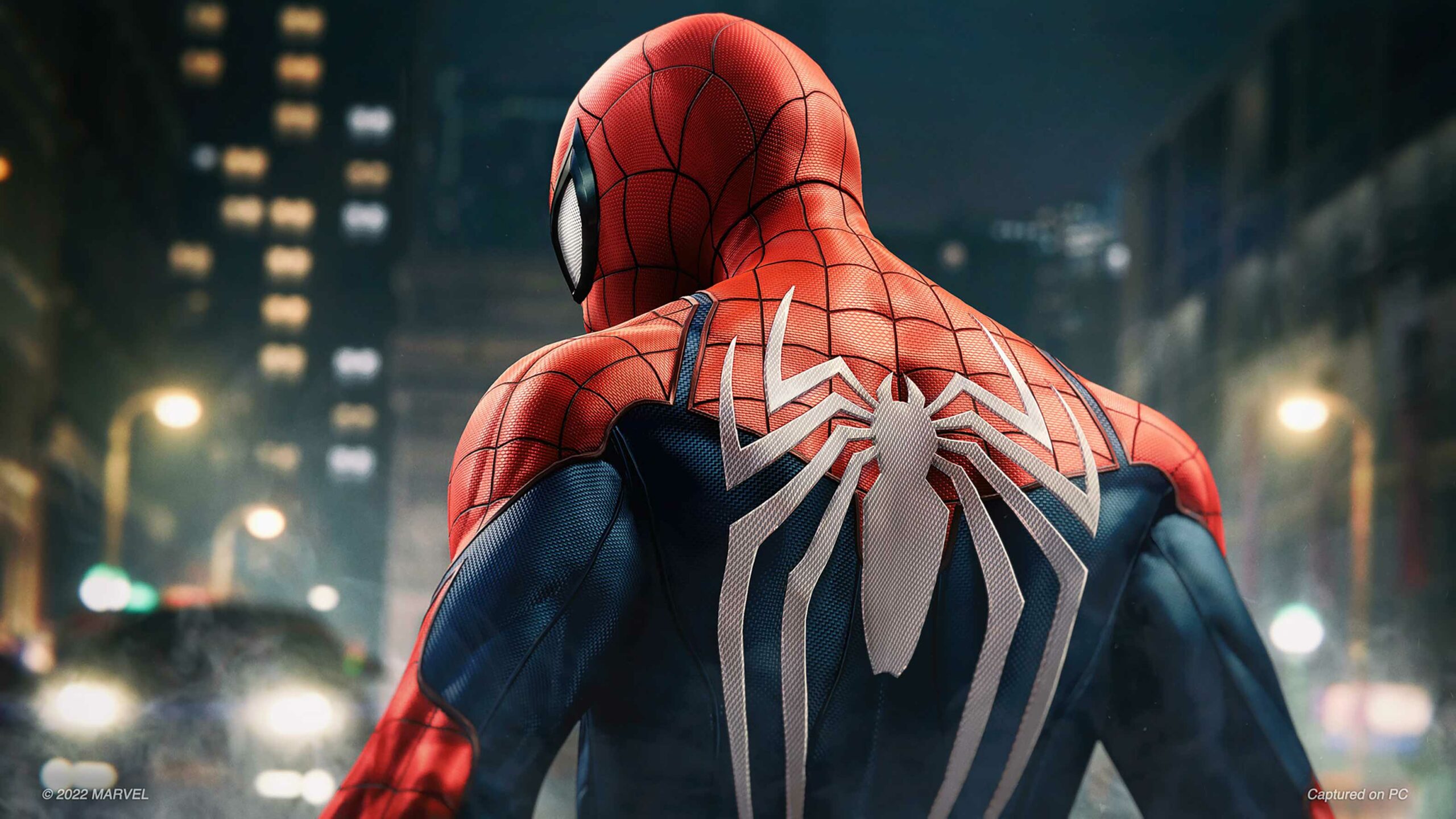 A shot of Spider-Man's white spider symbol on his back inMarvel's Spider-Man Remastered on PC