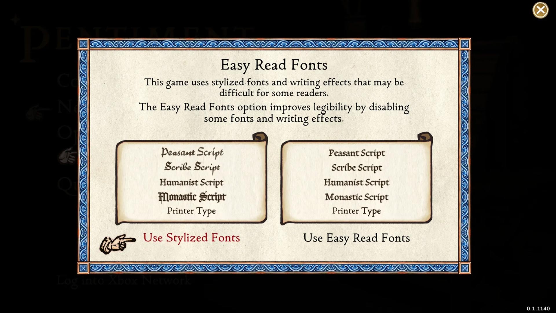 An image of one of the accessibility features in the game Pentiment, which allows you to choose the type of font.